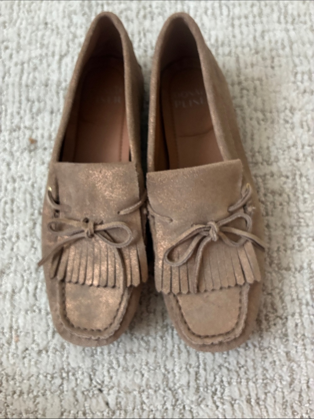 Donald J. Pliner Taupe Suede Kiltie Loafers